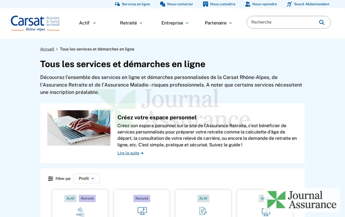 Capture : Tous les services et démarches en ligne - Carsat Rhône-Alpes - Votre caisse d'assurance retraite et de la santé au trava